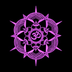 May include: A detailed, symmetrical mandala design in shades of pink, set against a black background. The central focus is the Om symbol, surrounded by intricate floral and geometric patterns. The design features sharp points and curved lines.