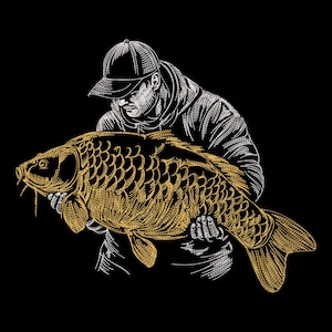 Op de afbeelding: Een grafische illustratie tegen een zwarte achtergrond met een persoon die een baseballpet en een hoodie draagt en een grote karper vasthoudt. De vis is getekend met gouden lijnen, terwijl de persoon in witte lijnen is afgebeeld.