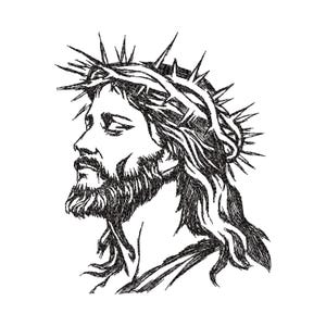 May include: A black and white pen and ink illustration of a man with a beard, long hair, and a crown of thorns. The image is a side profile of the man, with a solemn expression. The artwork is detailed and appears to be a religious depiction.