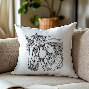 Girl and Horse Embroidery Design – Horse Head & Woman Line Art Embroidery – Custom Gift Sketch Design for Equine Lovers DST PES Jef HUS