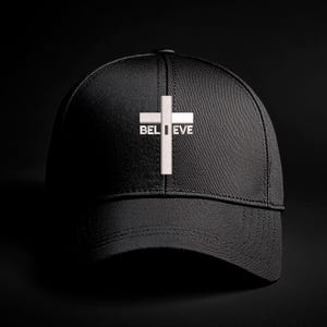 May include: Black baseball cap featuring a white cross design with the word "BELIEVE" printed on it. The cap is made of a textured material and has a curved peak.
