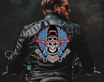 Skull Wings Biker Patch Embroidery Design: Custom Text (Digital Embroidery) (DST PES Jef HUS)