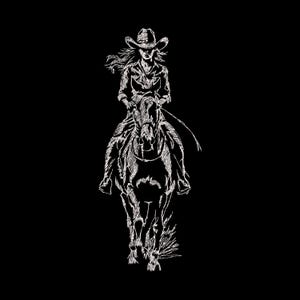 May include: A white line drawing of a person riding a horse on a black background. The rider wears a cowboy hat and shirt. The horse is facing forward. The image has a Western theme, with the rider and horse depicted in a detailed style.