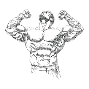 Op de afbeelding: Een zwart-wit inkttekening van een gespierd figuur met de armen omhoog in een overwinningshouding. De tekening benadrukt gedefinieerde borst-, buik- en armspieren met kruisarceringen en toont het figuur met een gefocuste blik omhoog kijkend.