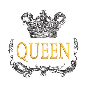 May include: An ornate black and white illustration of a crown above the gold word "QUEEN". The word is framed by a decorative flourish. The design is on a white background.