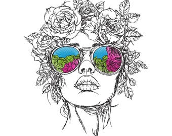Bloemenprint zonnebril meisje borduurontwerp: lijntekening voor T-shirts en hoodies (DST PES Jef HUS)