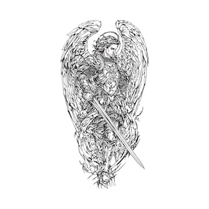 Puede incluir: Ilustración detallada en blanco y negro de un ángel con grandes alas emplumadas, un halo y armadura. El ángel sostiene una espada, con intrincados trazos que detallan la figura y su entorno. La obra de arte está sobre un fondo blanco.