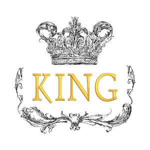 May include: A regal design featuring a detailed, black and white crown above the gold word "KING". The word is framed by an ornate, black, floral-inspired border, all set against a clean white background.