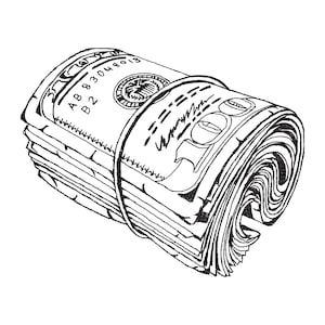 Puede incluir: Ilustración en blanco y negro de una pila enrollada de billetes de cien dólares, asegurada con una banda elástica. Los billetes están detallados con intrincado trabajo de línea, mostrando los elementos de diseño de la moneda estadounidense.