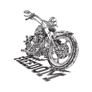 May include: Detailed black and white illustration of a motorcycle. The image features a classic cruiser-style bike with intricate detailing. The word "FREEDOM" is written in a shadow-like font beneath the motorcycle.