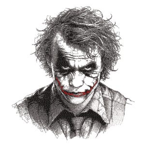 May include: A detailed black and white portrait of a character with messy hair and a sinister expression. The character's face features cracked makeup and a red smile. The image is a close-up, focusing on the character's face and upper body.