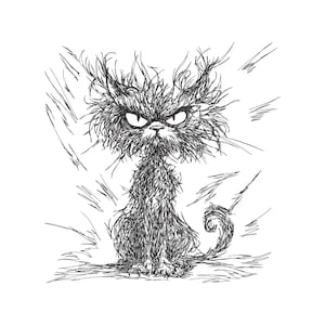 Può includere: Illustrazione in bianco e nero di un gatto scontroso. Il gatto ha peli disordinati e un'espressione arrabbiata. Il disegno, in stile schizzo, si concentra sullo sguardo intenso del gatto e sulla sua attitudine generale.