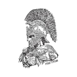 Puede incluir: Ilustración detallada en blanco y negro de un guardia pretoriano romano. La imagen presenta un perfil de un guerrero que lleva un casco adornado con un penacho alto. La palabra "Praetorian" está escrita en una fuente estilizada.