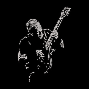 Peut inclure: Dessin au trait blanc d'une personne jouant d'une guitare électrique sur fond noir. Le musicien est assis, la guitare devant lui. L'image est une illustration stylisée.