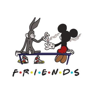 Puede incluir: Un diseño bordado con Bugs Bunny y Mickey Mouse compartiendo un cigarrillo encendido, sentados en un banco azul. La palabra "FRIENDS" está escrita debajo al estilo del logotipo de la serie de televisión.