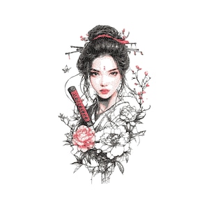 以下が含まれることがあります： 日本の伝統的な衣装を着た女性が赤い刀を持ったイラスト。細部まで描かれた点描画で、女性の顔と周囲の装飾的な花が特徴です。赤、黒、白を基調とした色使い。