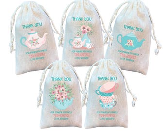 Personalized Tea Party Favor Bags: Pink & Blue Cotton Muslin Gift Bags