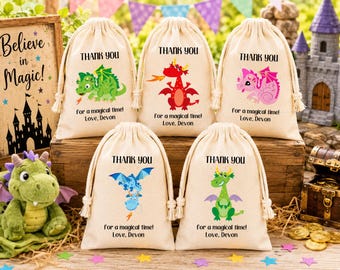 Dragon Party Favor Bags: Rainbow Dragons, Personalized Muslin Goodie Bags