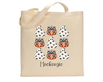 Cute Ghost and Pumpkin Trick or Treat Tote Bag, Personalized Halloween Candy Bag