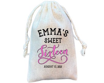 May include: A white cotton drawstring bag with the text "Emma's Sweet Sixteen" in black and pink lettering. The date "August 17, 2025" is printed below the text.