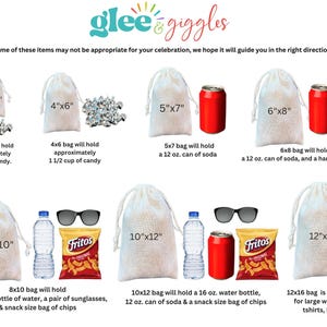 May include: Image showing drawstring bags of different sizes with examples of contents: sweets, cans of soda, water bottles, sunglasses, and crisps. Text at the top reads "glee & giggles". Measurements are in inches.