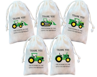 May include: Set of five small burlap favor bags with green and black tractor designs. Each bag has the text "Thank You" and "For plowing by for Levi's 5th birthday!"