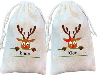 Kids Personalized Christmas Gift Bags, Custom Reindeer Holiday Favor Bag, Children's Party Gift Exchange Favors