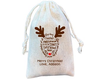Christmas Gift Bags, Personalized Reindeer Holiday Treat and Party Favor Bag