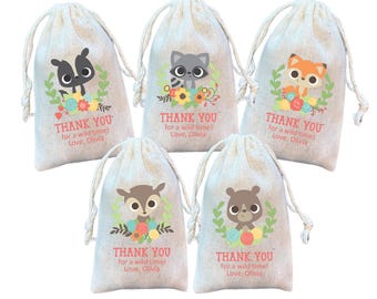May include: Five small white fabric bags with drawstrings. Each bag features a different woodland animal with floral accents and the text "Thank You for a wild time! Love, Olivia".