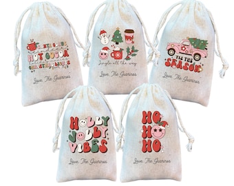 Kids Personalized Retro Christmas Gift Bags, Custom Assorted Holiday Favor Bag, Teen Christmas Party Favors