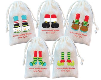 Kids Personalized Cozy Feet Christmas Gift Bags, Custom Assorted Holiday Favor Bag, Children's Party Favors