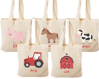 Farm Themed Party Favor Bags and Gift Bags, Personalized Barnyard Animal Kids Keepsake Tote Bag for Birthday Party (Item 2109B)