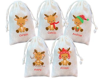 Kids Personalized Reindeer Christmas Gift Bags, Custom Assorted Holiday Favor Bag, Children's Party Favors