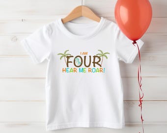 Dino Roar 4th Birthday T-Shirt: "I am 4, Hear Me Roar!"