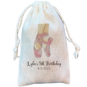 May include: A white cotton drawstring bag with a pink ballet shoe design and the text "Lyla's 5th Birthday 8-5-2025".