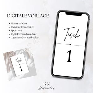 Digitale Tischnummern für Hochzeiten, Canva Vorlage zum Bearbeiten und Ausdrucken, Minimalistisches Design, Sofort Download