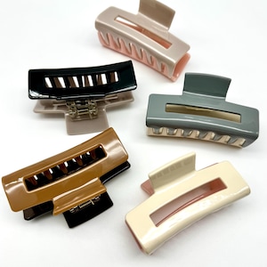May include: Five plastic hair clips in different colours: beige, black, brown, grey, and white. The clips are rectangular in shape with a curved top and a small opening in the centre.