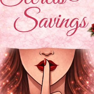May include: An illustration featuring the words "Secrets & Savings" and a woman with a finger on her lips. The background is pink with roses and sparkles. A sealed envelope is in the upper right corner.