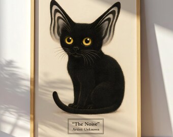 Impresión artística minimalista de gato negro: ilustración felina surrealista