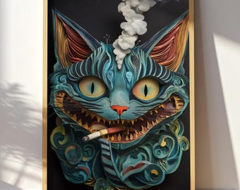 Cheshire Cat Wall Art Surreal Alice In Wonderland Cat Portrait Digital Download illustration Print