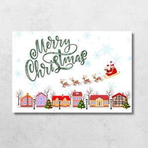 Printable Christmas Card: Santa&#39;s Sleigh and Reindeer, Merry Christmas (PDF Download 5x7in)