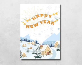 Peut inclure: Une carte de vœux illustrant un paysage hivernal avec des maisons enneigées et des sapins sous un ciel bleu clair. La partie supérieure affiche le texte HAPPY NEW YEAR en lettres orange, agrémenté d'une guirlande d'étoiles jaunes et de rayons.