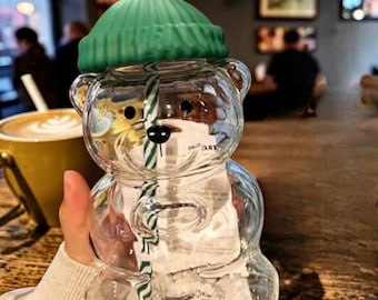 Geïnspireerd door Starbucks Bearista Bear Glass Cold Cup, glazen beker schattige beer met rietje en deksel, kawaii drinkgerei in de vorm van een teddybeer
