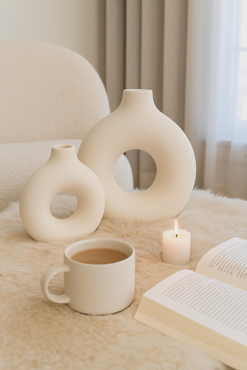 Donut Vase Keramik Design | Moderne Deko in Beige Schwarz Weiß | Skulpturale Vase Boho Stil | Geschenk für Frauen | Handmade Wohnaccessoire Beige
