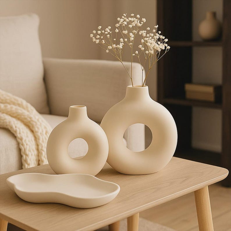 Donut Vase Keramik Design | Moderne Deko in Beige Schwarz Weiß | Skulpturale Vase Boho Stil | Geschenk für Frauen | Handmade Wohnaccessoire bild 5
