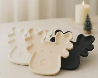 Elch Tablett Beige Weihnachtliche Deko Schale Keramik Design | Rentier Form für Schmuck, Snacks oder Kerzen | Handmade Winterdeko