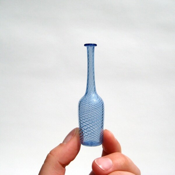 Miniature Bottle with Cobalt and Periwinkle Stripes, Hand Blown Glass