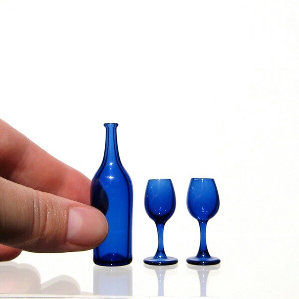 Miniature Wine Set in Blue with Blue Glasses, Hand Blown Glass