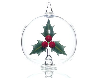 Blown Glass Christmas Ornament, Holly Plant Ball