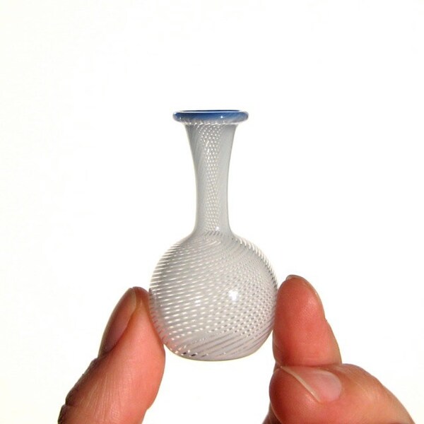 Miniature Vase with White Stripes and Cobalt Lip, Hand Blown Glass